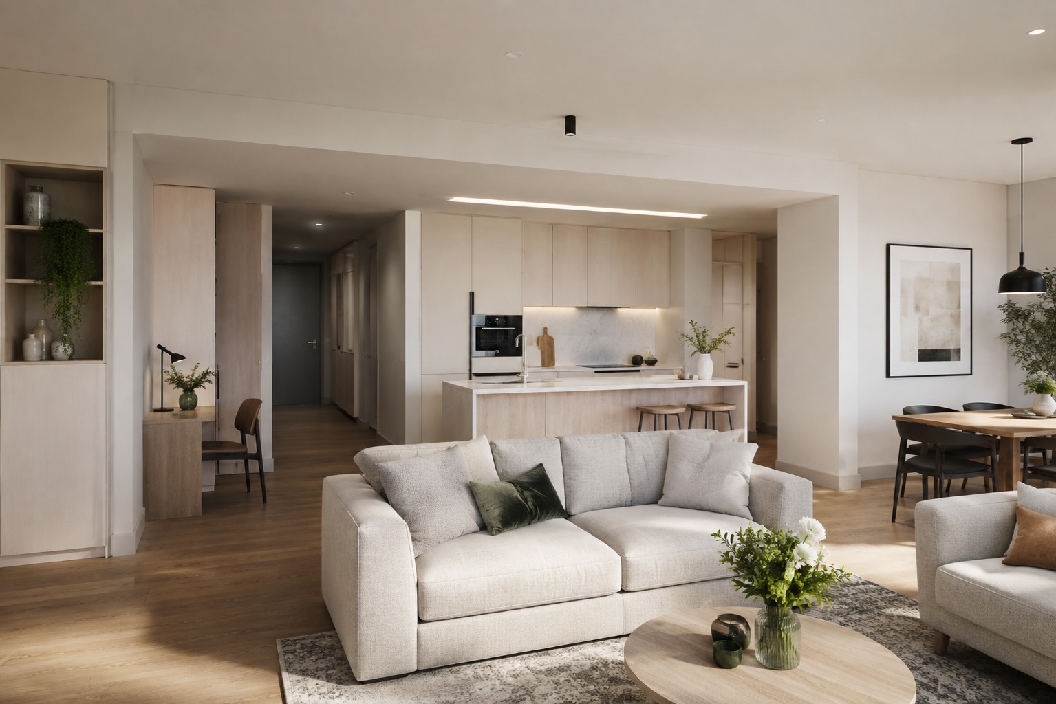Modern Apartment Interior Design Hero Modern apartment interior combining open layout, daylight, clean kitchen, and concealed storage | Sky Rye Design Modern apartment interior combining open layout, daylight, clean kitchen, and concealed storage