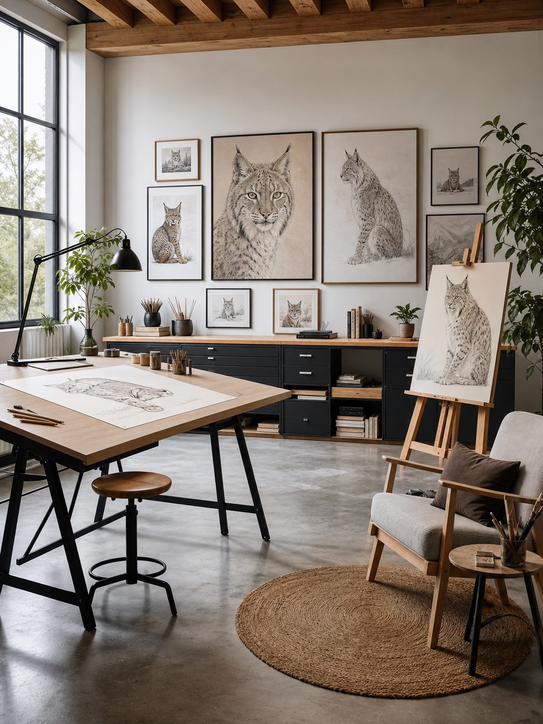 Wide modern art studio with a drafting table, easel, and framed lynx artwork in soft daylight.