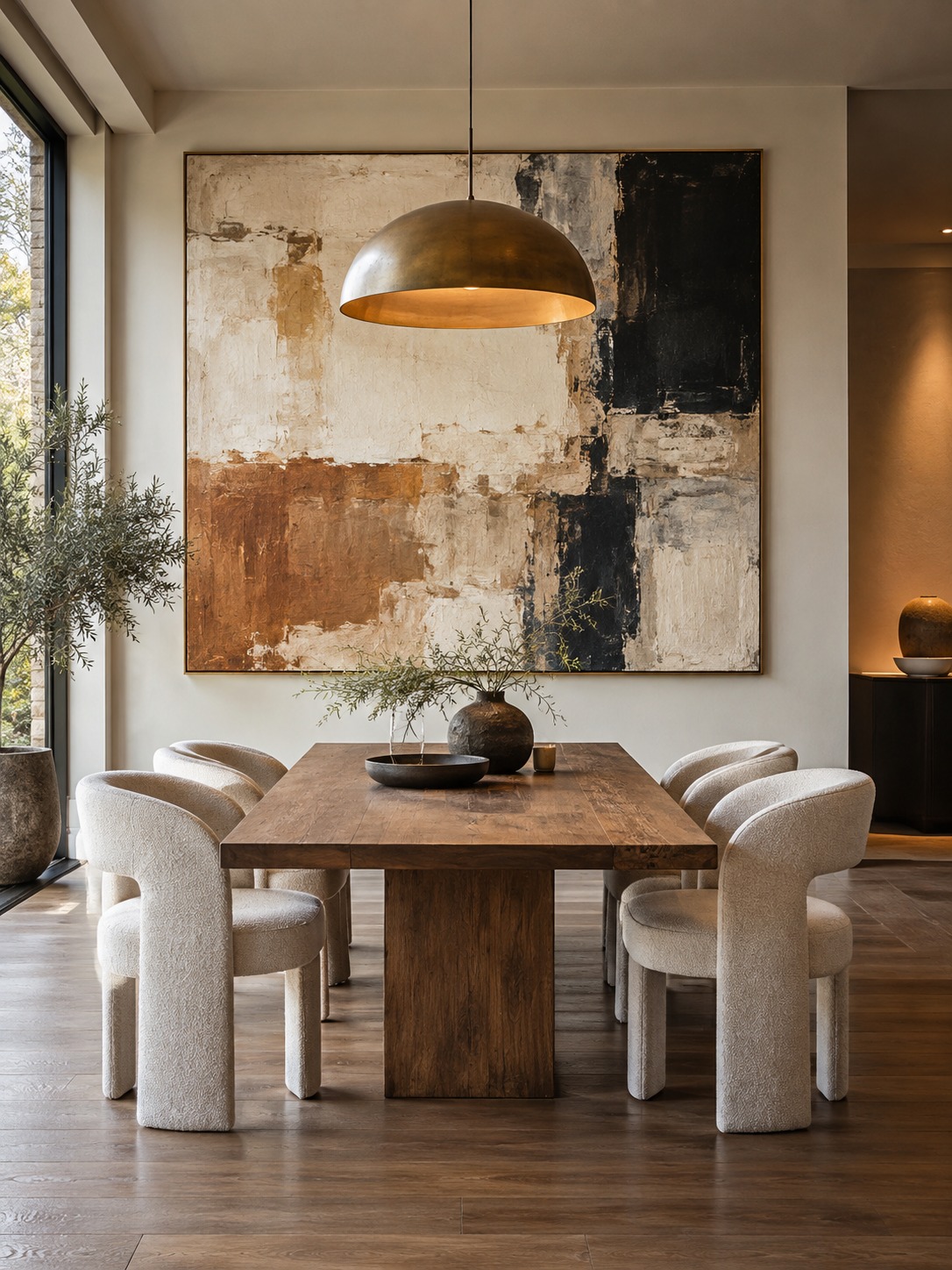 Modern dining room centered on large abstract art and a minimalist table