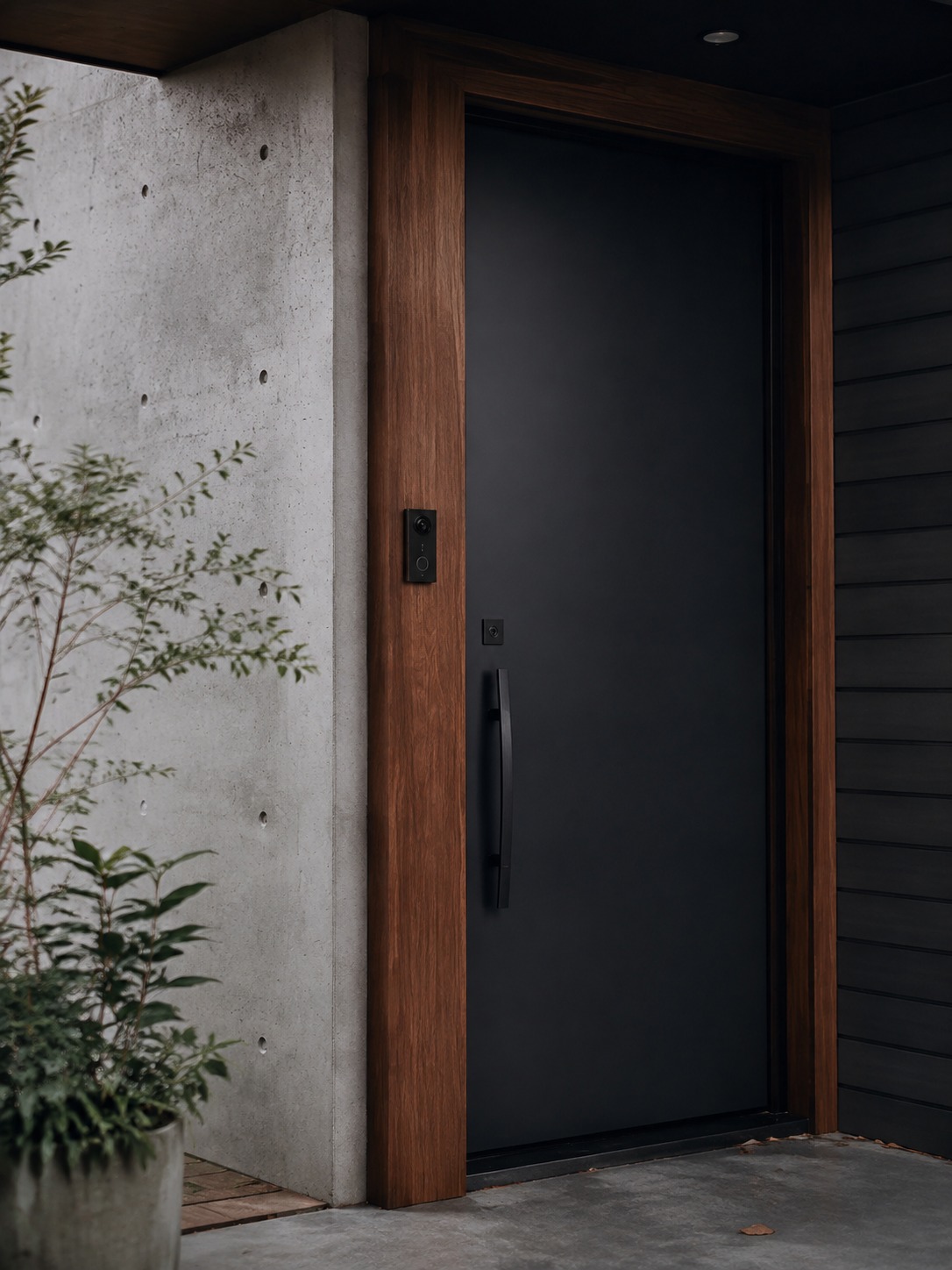 Modern front door with integrated smart security A modern matte black front door with warm wood trim and a discreet doorbell camera aligned with the hardware. | Sky Rye Design A modern matte black front door with warm wood trim and a discreet doorbell camera aligned with the hardware.