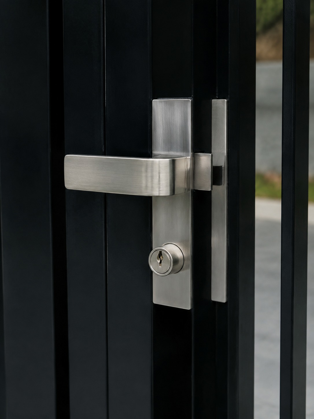 Modern gate latch security detail A close detail of brushed steel locking hardware on a matte black modern gate frame. | Sky Rye Design A close detail of brushed steel locking hardware on a matte black modern gate frame.