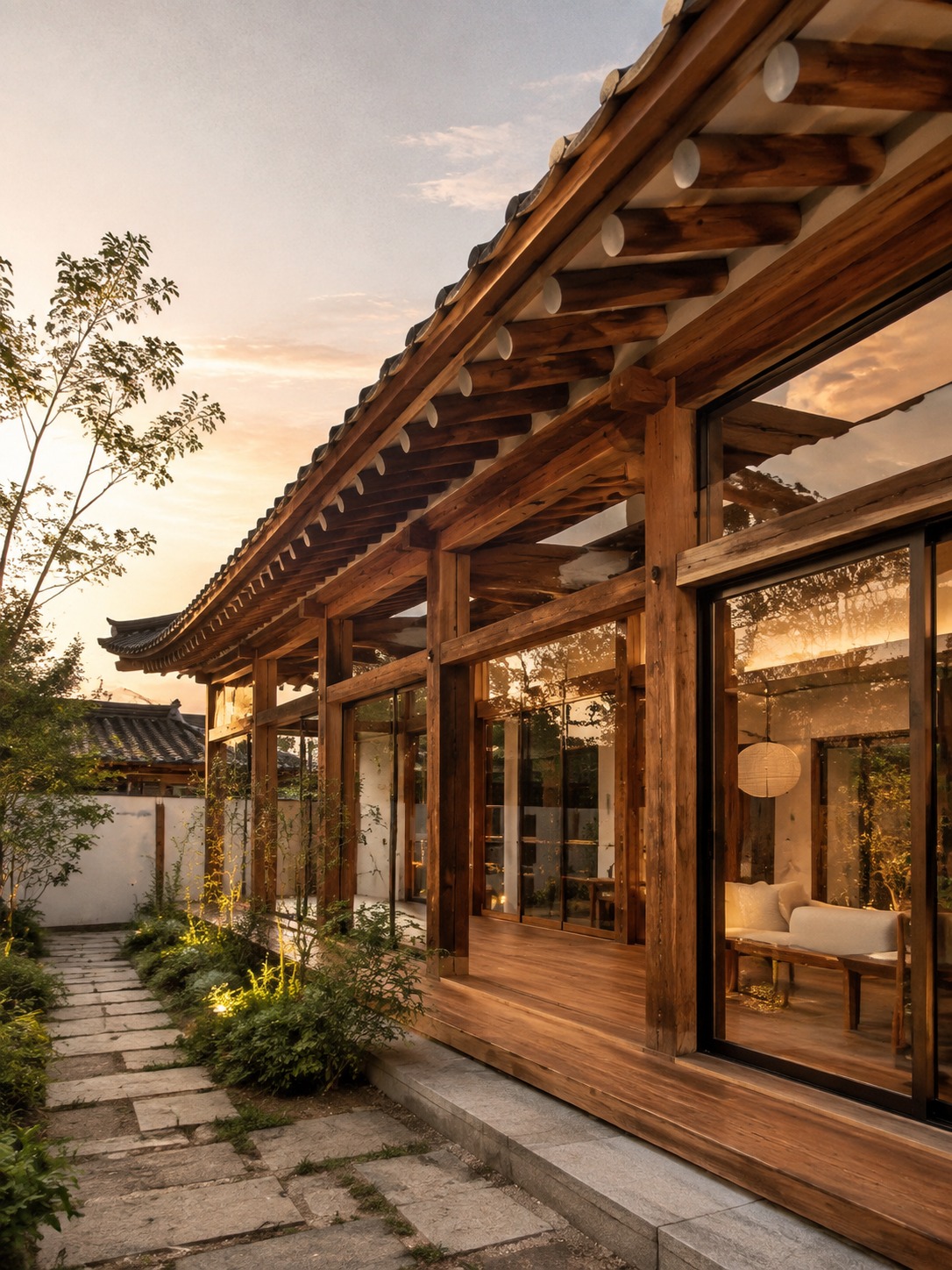 Modern hanok-inspired home with exposed timber, glass walls, and deep eaves.