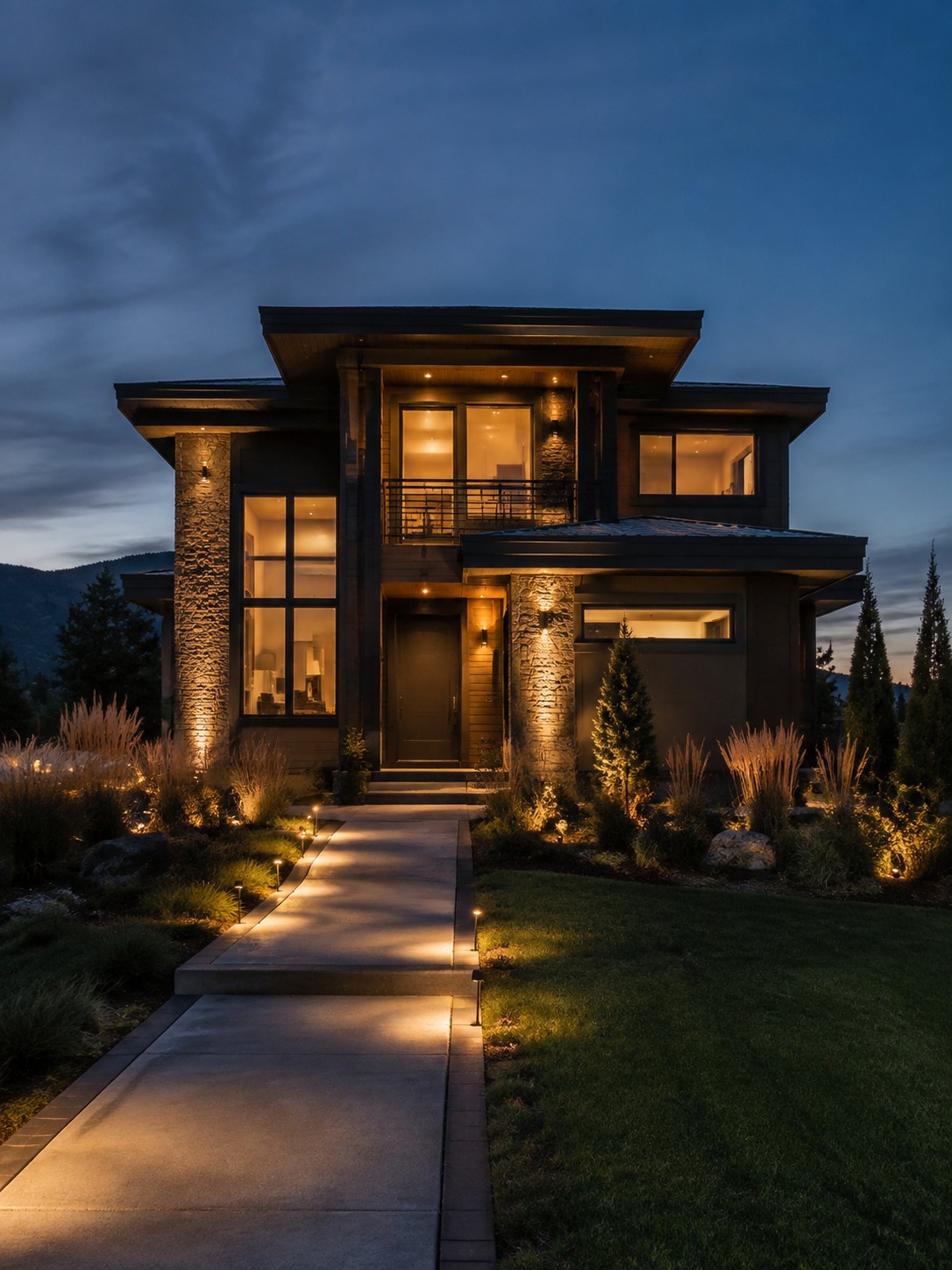Blue hour home security lighting A modern home exterior at blue hour with warm path lights and window glow shaping the facade. | Sky Rye Design A modern home exterior at blue hour with warm path lights and window glow shaping the facade.