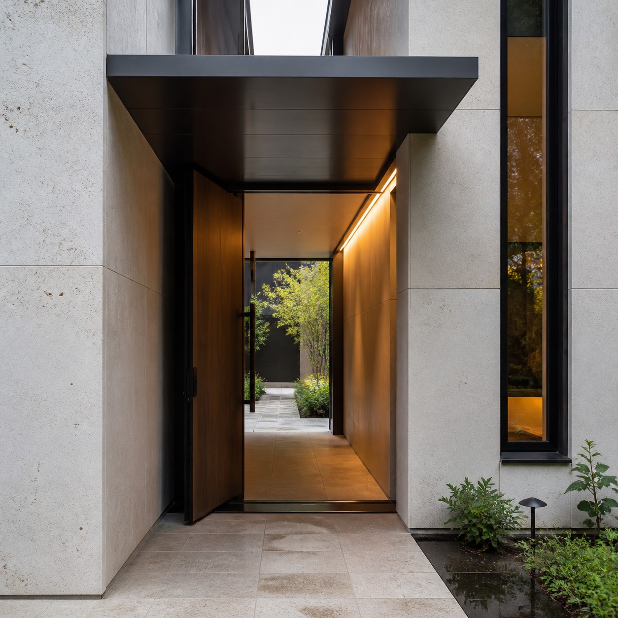 Modern recessed home entry with limestone walls, a slim canopy, vertical window, and a private courtyard view.