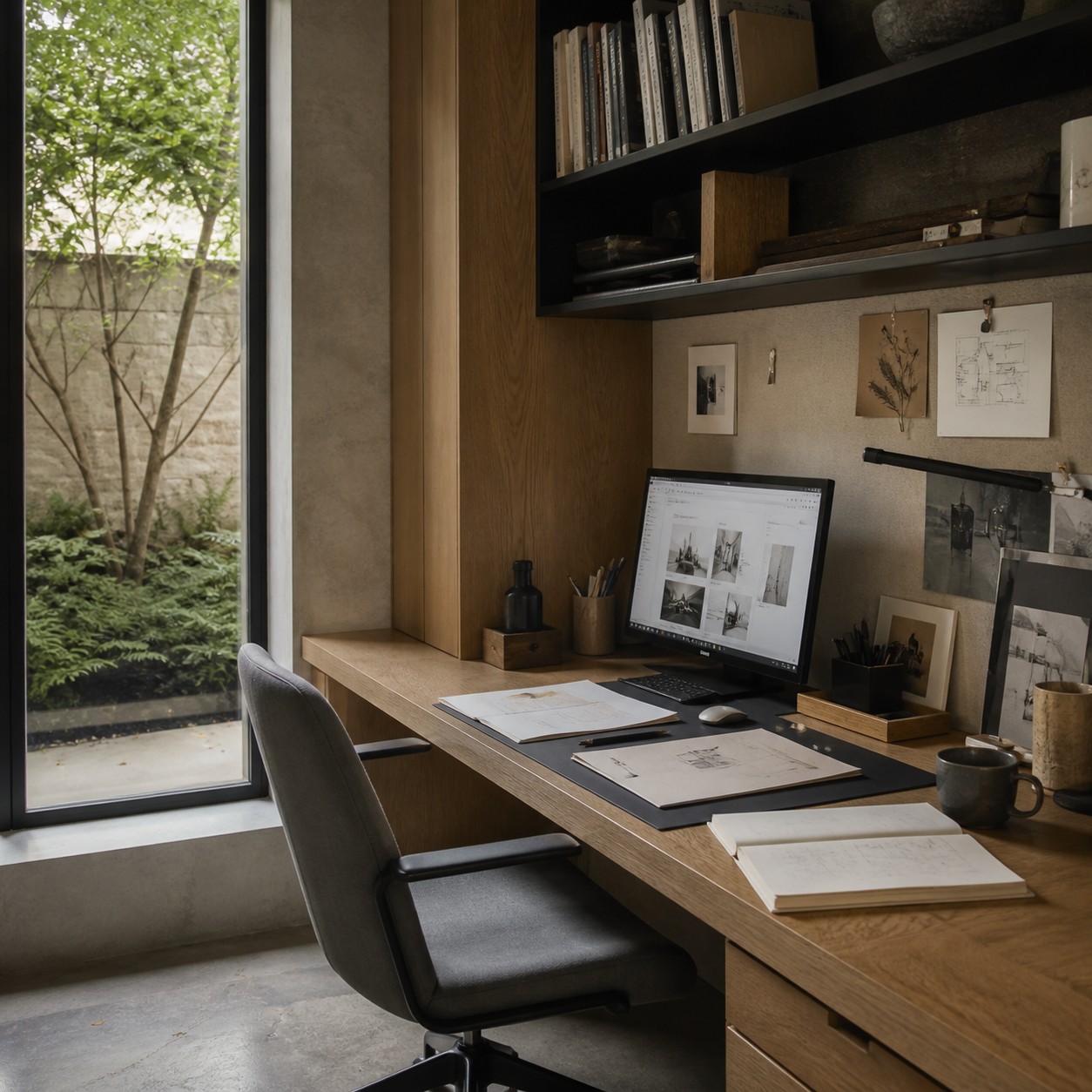 Modern home office with an oak built-in desk, slim black shelving, pale plaster walls, and a shaded courtyard view.