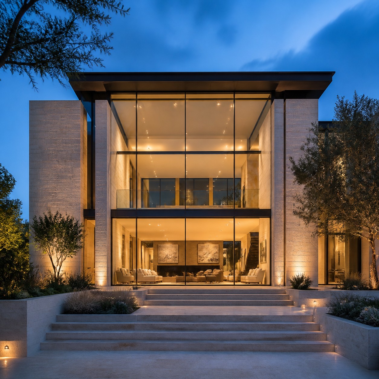 Modern house facade at blue hour with glass curtain wall, thin black mullions, limestone volumes, and warm interior light.