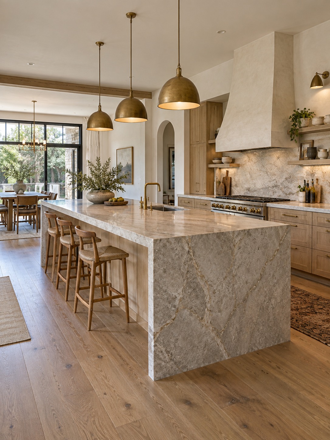 Modern kitchen with a large stone island, warm pendants, and brushed brass fixtures