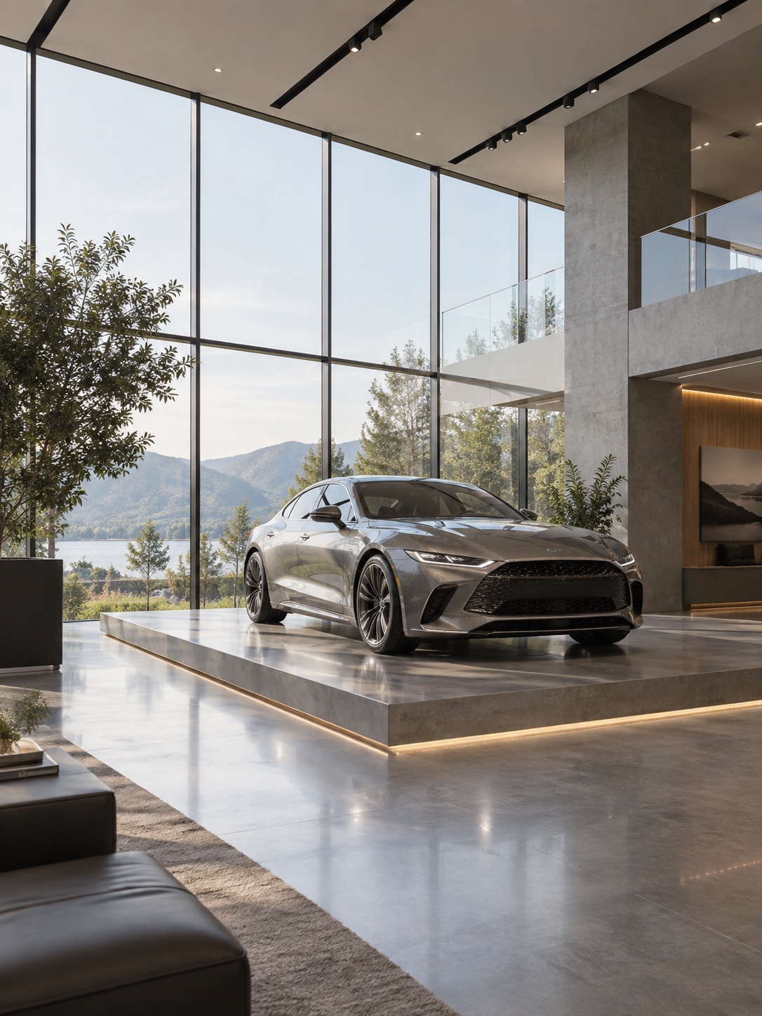 Modern Sedan Automotive Showroom Modern sedan displayed on a raised platform in a glass-walled automotive showroom | Sky Rye Design Modern sedan displayed on a raised platform in a glass-walled automotive showroom