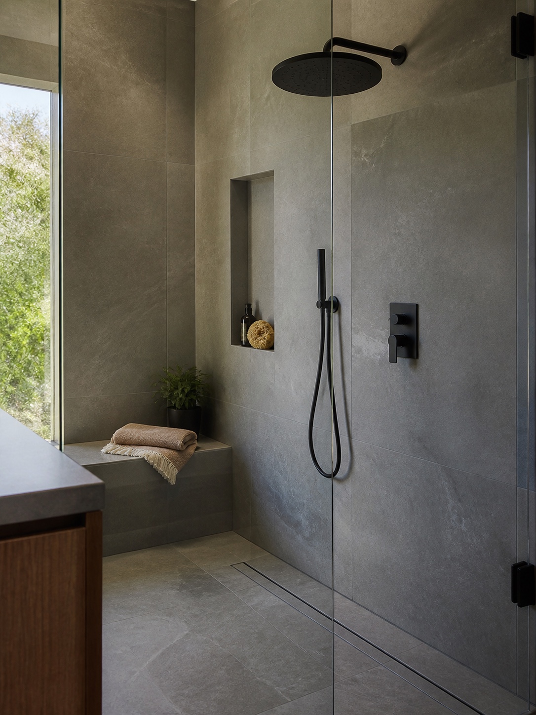 Modern Shower Low Flow Rain Showerhead Modern shower enclosure with a low-flow rain showerhead and stone tile walls. | Sky Rye Design Modern shower enclosure with a low-flow rain showerhead and stone tile walls.