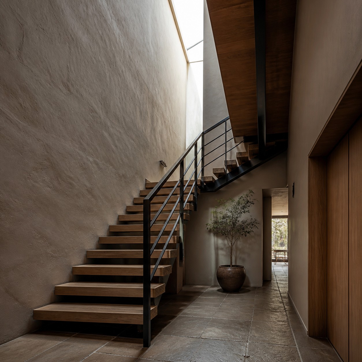 Modern stair and lightwell with floating oak treads, slim black rail, plaster walls, and soft daylight.