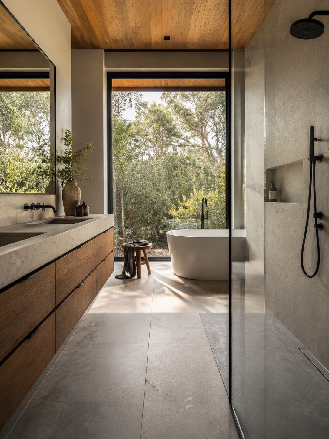 Modern Sustainable Bathroom Matte Black Fixtures Modern sustainable bathroom with matte black fixtures, stone-look tile, and soft daylight. | Sky Rye Design Modern sustainable bathroom with matte black fixtures, stone-look tile, and soft daylight.