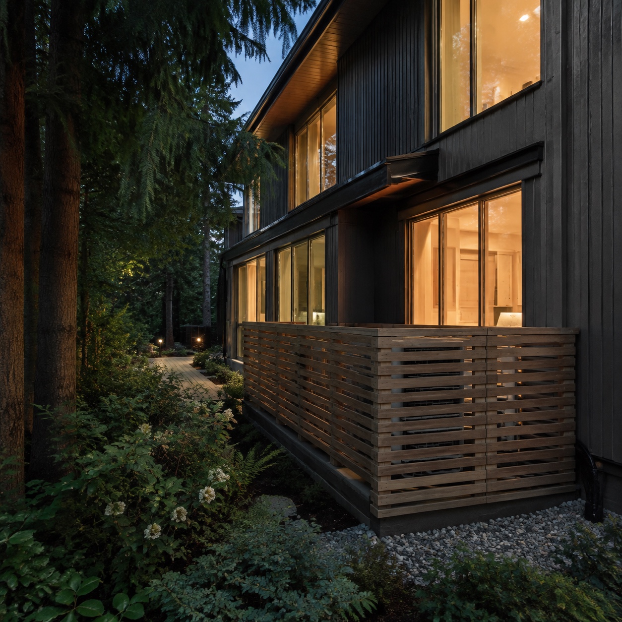 Modern Sustainable Home With Screened Generator Modern sustainable home exterior with a screened generator enclosure beside landscaped planting. | Sky Rye Design Modern sustainable home exterior with a screened generator enclosure beside landscaped planting.