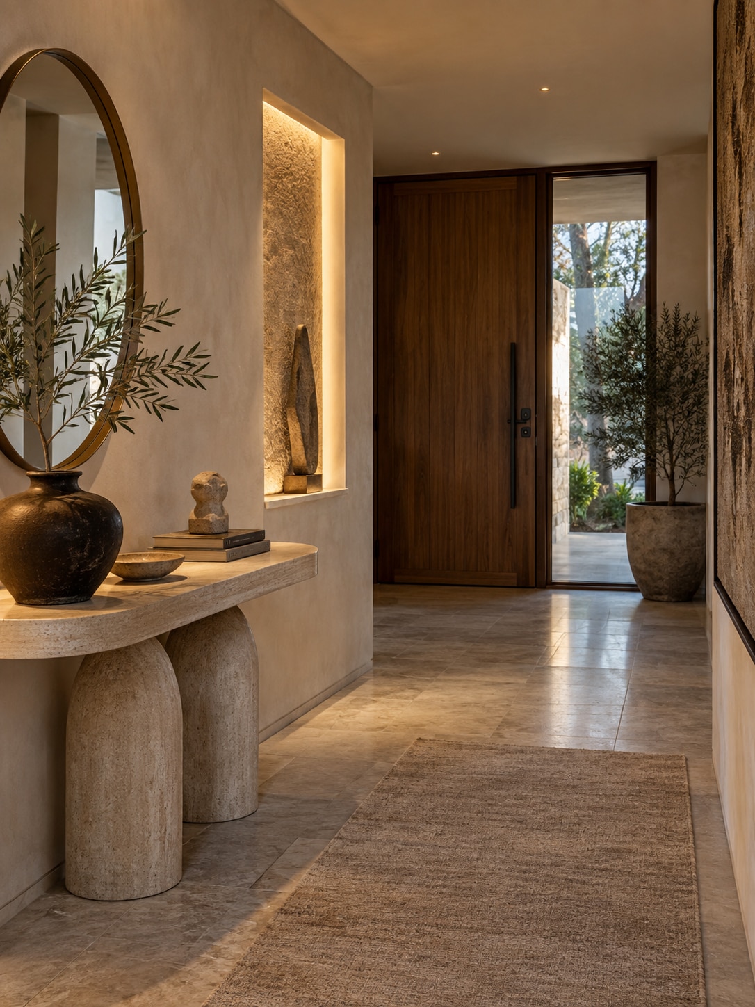 Modern Thailand condo entryway Warm-toned entryway with a curved stone console, round mirror, and olive branch vase leading to a wooden front door. | Sky Rye Design Modern condo entryway with a sculptural console and illuminated wall niche