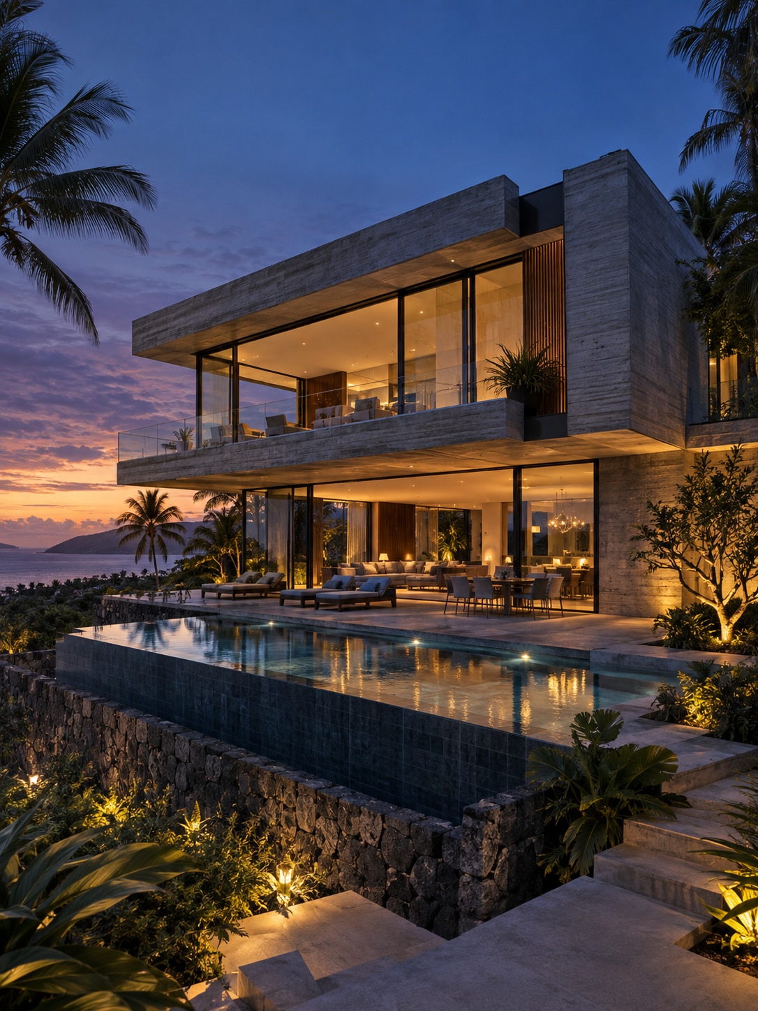 Modern Thailand villa exterior at dusk Modern villa with glass walls, terrace pool, and sunset over a tropical landscape. | Sky Rye Design Modern Thai villa exterior with concrete walls, glass panels and warm lighting at dusk