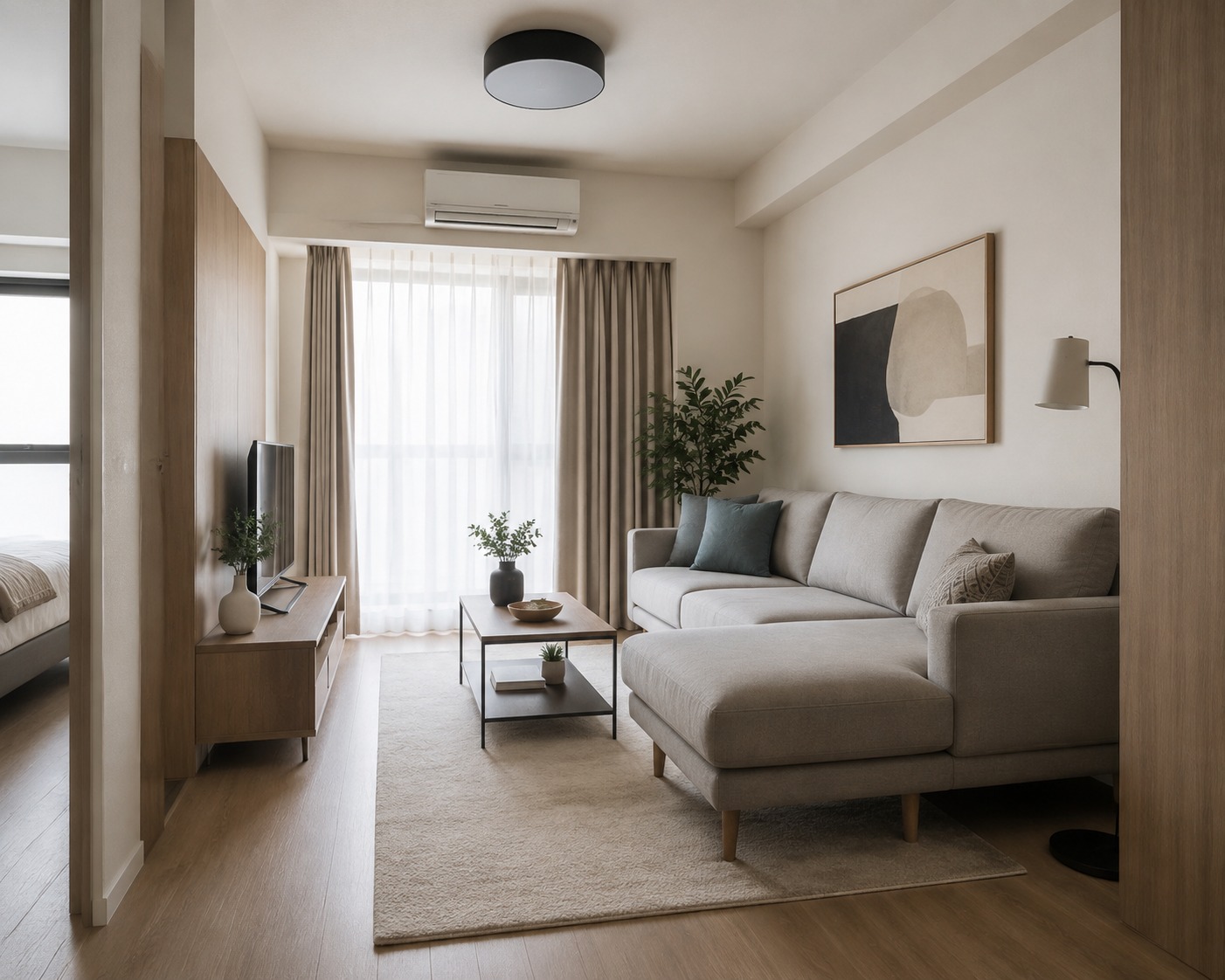 Modular Sofa Visible Floor Space Raised-leg modular sofa keeping floor space visible in a compact apartment | Sky Rye Design Raised-leg modular sofa keeping floor space visible in a compact apartment