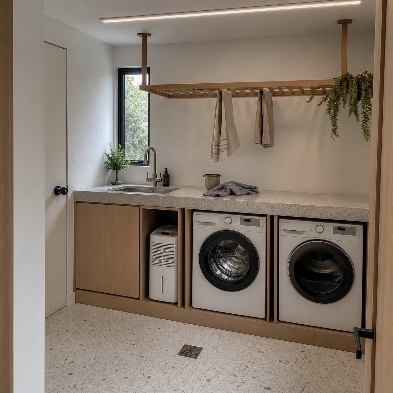 Moisture Control Modern Laundry Room Modern laundry room with terrazzo floor, raised machines, and built-in moisture control. | Sky Rye Design Modern laundry room with terrazzo floor, raised machines, and built-in moisture control.