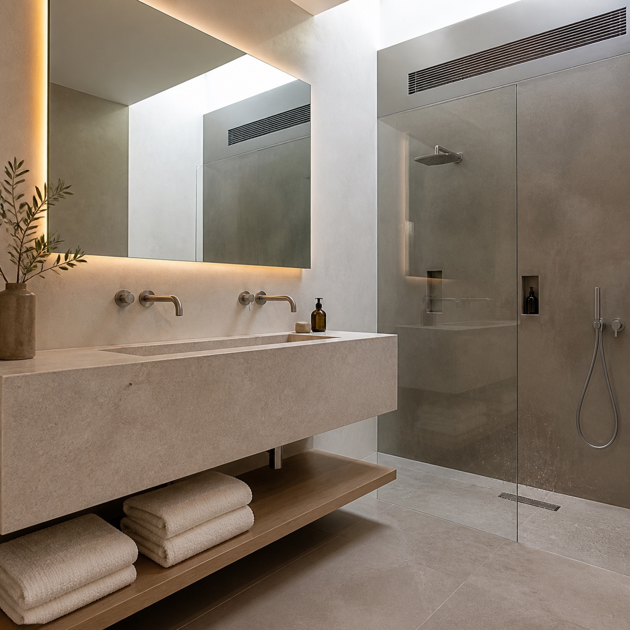 Moisture Smart Minimalist Bathroom Minimalist bathroom with a floating limestone vanity and discreet shower ventilation. | Sky Rye Design Minimalist bathroom with a floating limestone vanity and discreet shower ventilation.
