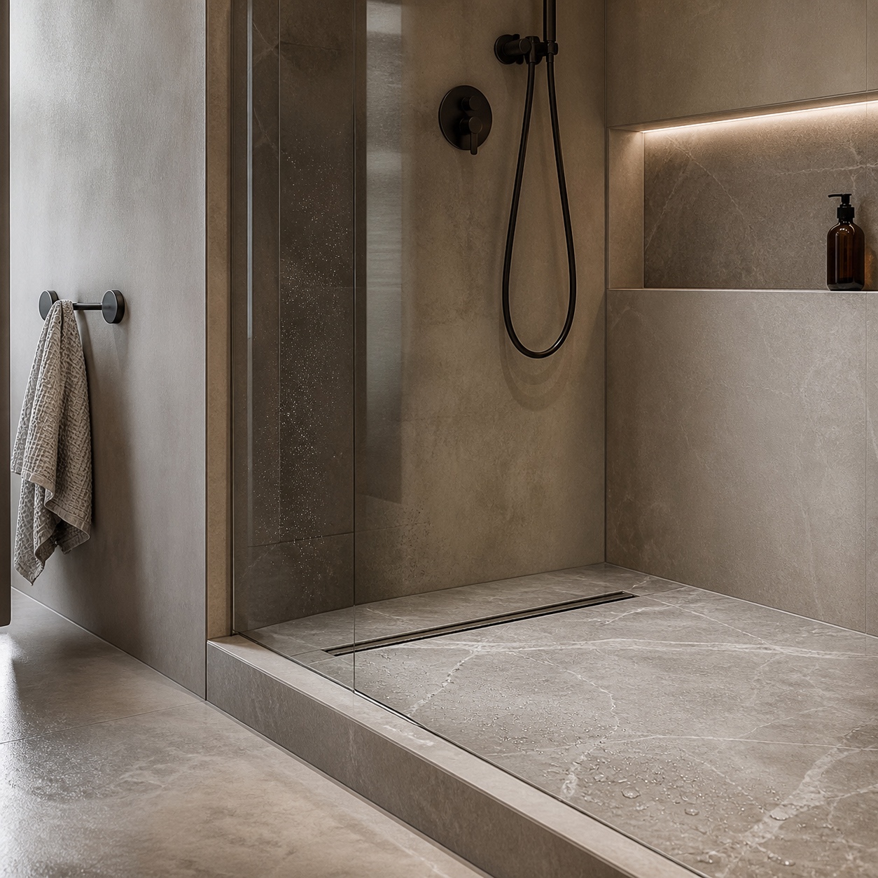 Mold Resistant Bathroom Shower Detail Close detail of porcelain shower slabs, linear drain, sealed niche, and realistic grout lines. | Sky Rye Design Close detail of porcelain shower slabs, linear drain, sealed niche, and realistic grout lines.