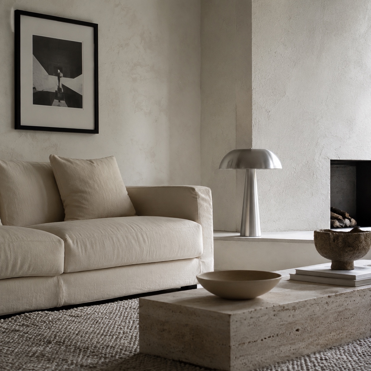 Monochrome living room tactile texture Serene monochrome living space with off-white plaster walls, cream sofa, gray wool rug, travertine table, aluminum lamp, and black-framed art. | Sky Rye Design Serene monochrome living space with off-white plaster walls, cream sofa, gray wool rug, travertine table, aluminum lamp, and black-framed art.