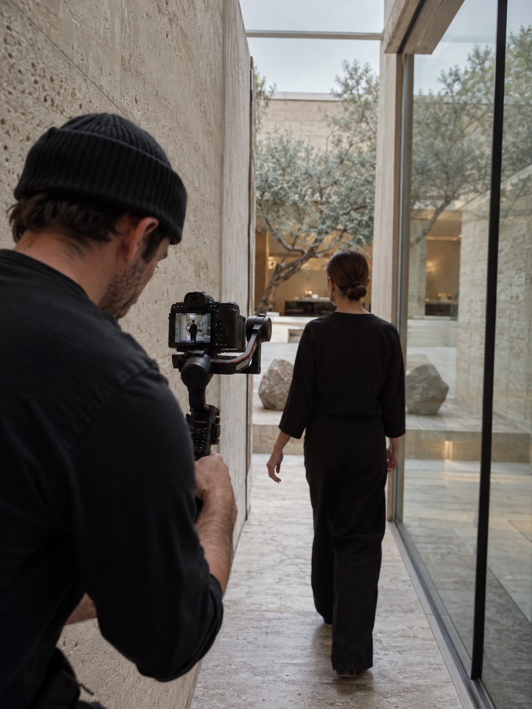 Motivated camera tracking move Camera operator following a person through a glass-and-travertine corridor toward a courtyard. | Sky Rye Design Camera operator following a person through a glass-and-travertine corridor toward a courtyard.