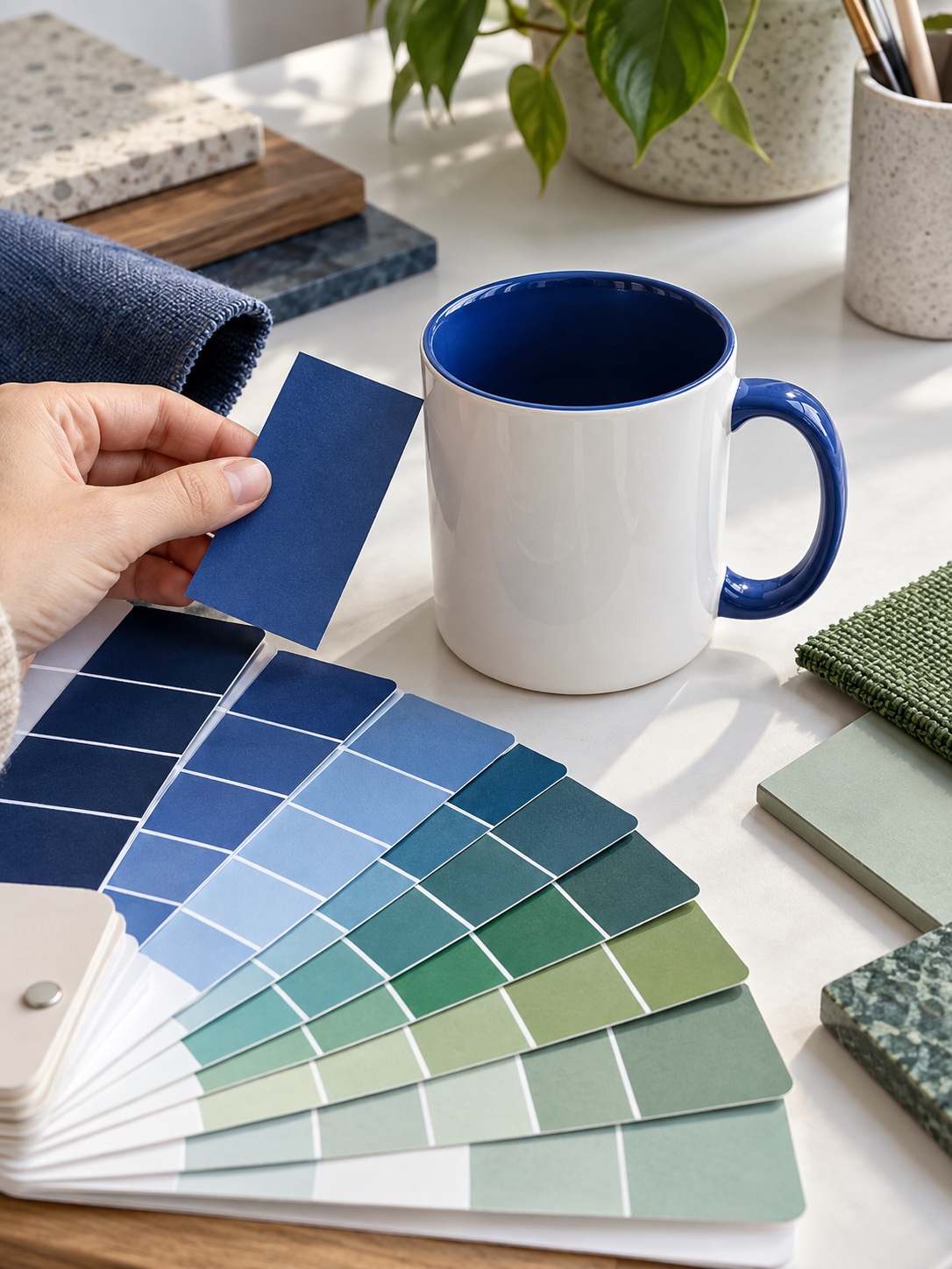 Ceramic mug compared with blue and green colour swatch cards in a clean studio setup
