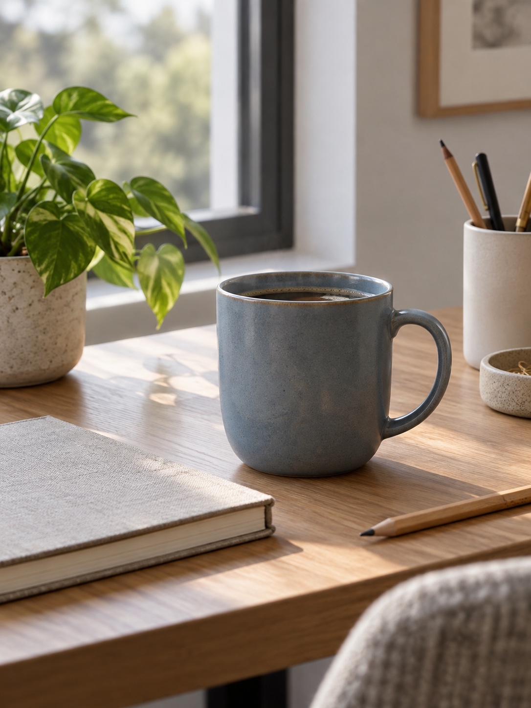 Single coloured ceramic mug beside neutral stationery on a minimalist home office desk