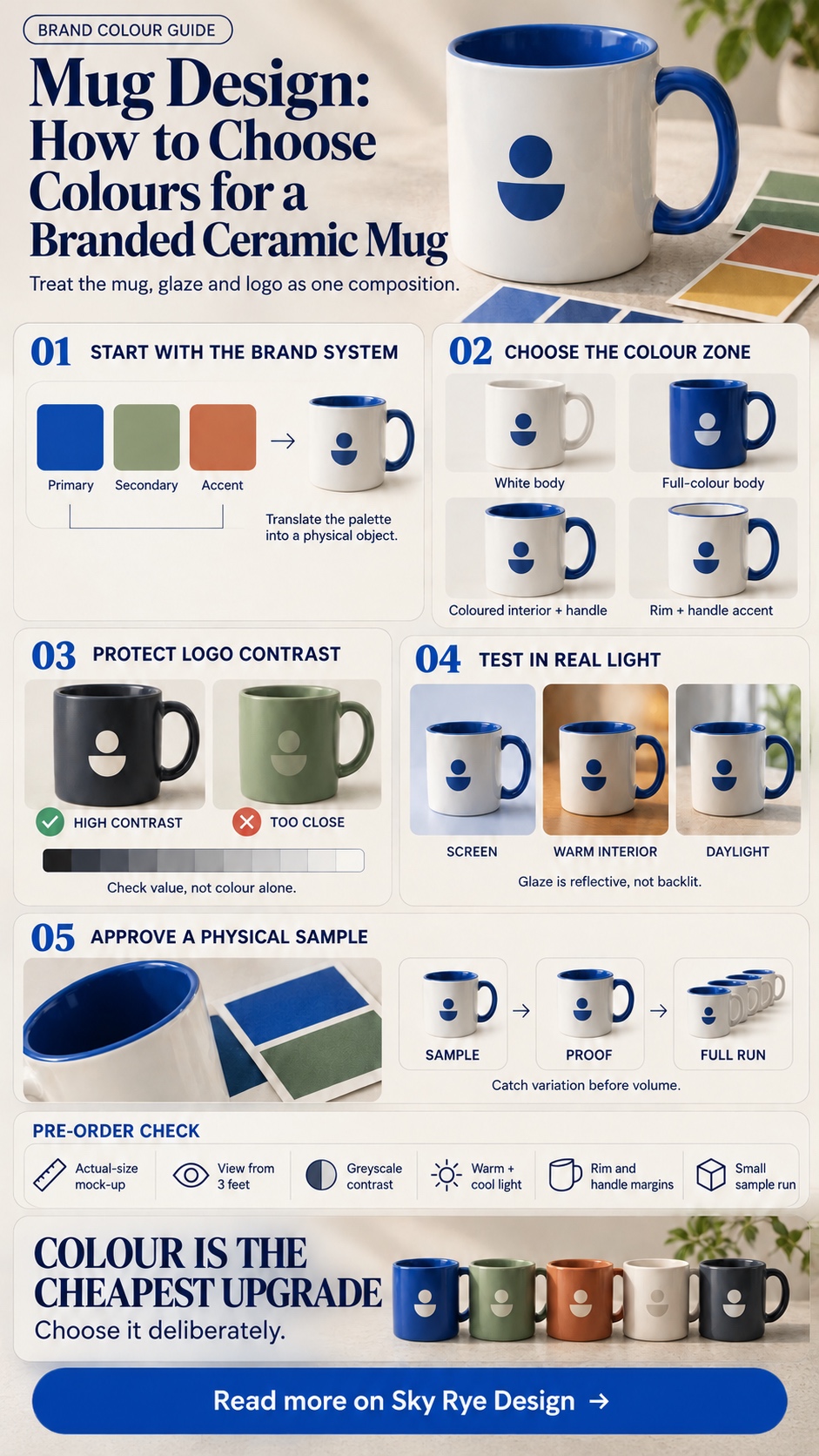 Infographic comparing branded ceramic mug colour zones, logo contrast, lighting tests and pre-order checks