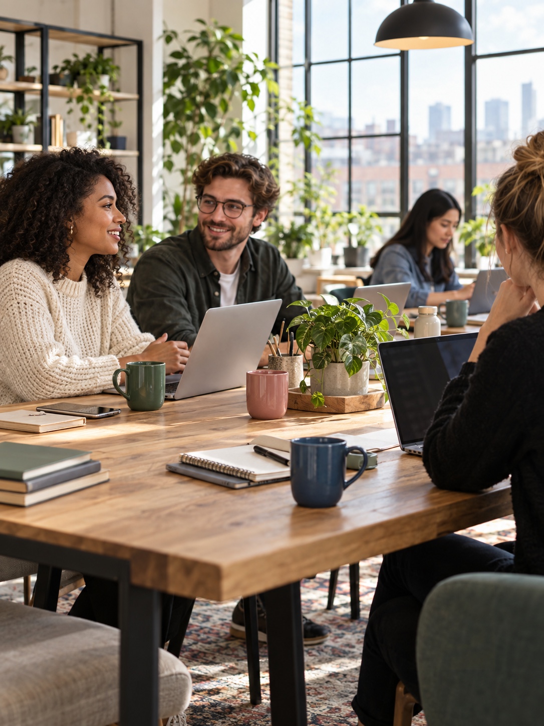 Coordinated ceramic mugs on a communal table in a daylight-filled co-working space