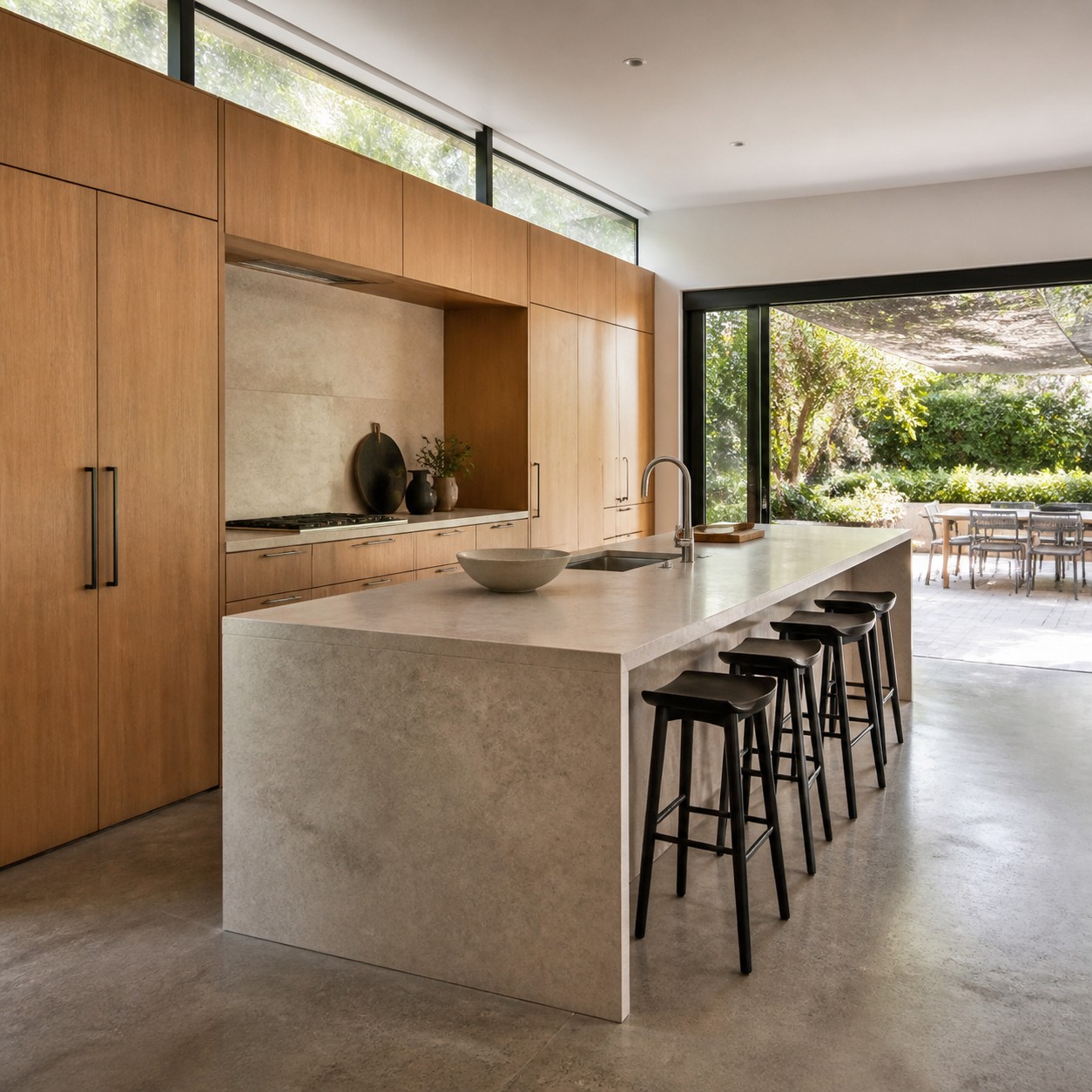 Modern kitchen with clerestory windows, honed limestone island, oak cabinetry, and a shaded breakfast terrace.