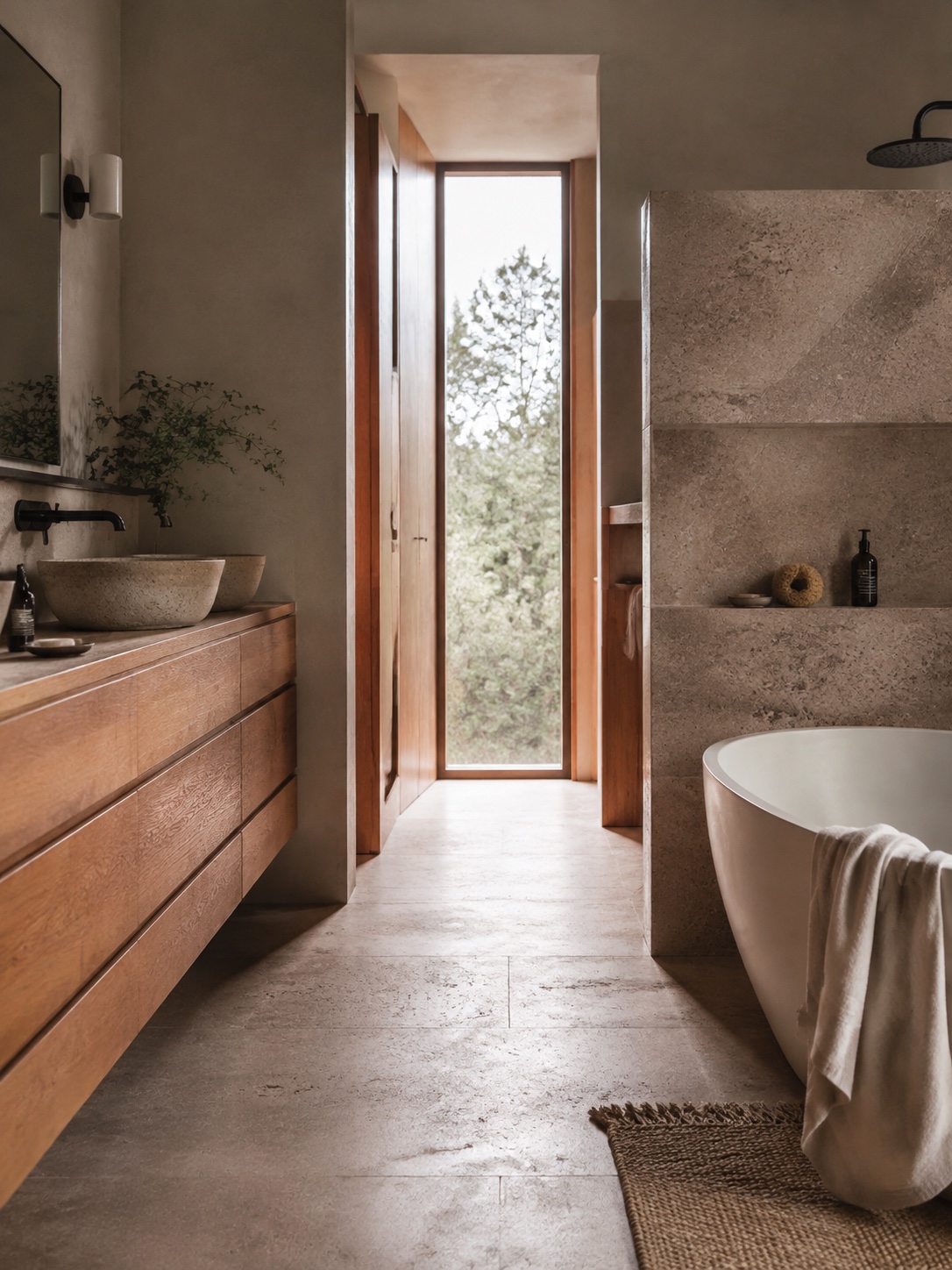 Natural Material Green Bathroom Design Language Modern bathroom using stone, wood, and matte metal for a calm green design language. | Sky Rye Design Modern bathroom using stone, wood, and matte metal for a calm green design language.