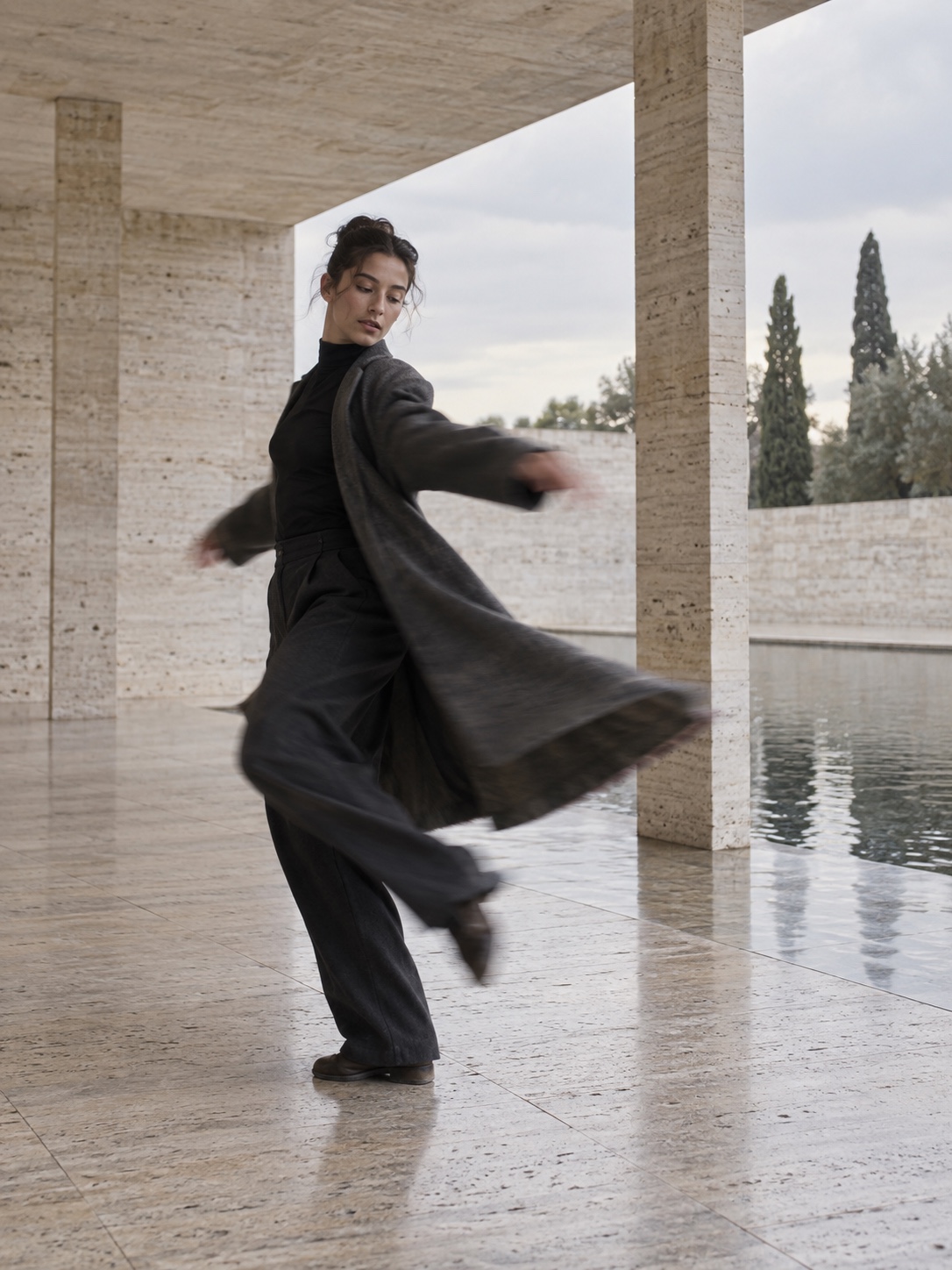 Natural motion blur in a dance shot Contemporary dancer turning in a travertine pavilion with a sharp torso and softly blurred coat and hand. | Sky Rye Design Contemporary dancer turning in a travertine pavilion with a sharp torso and softly blurred coat and hand.