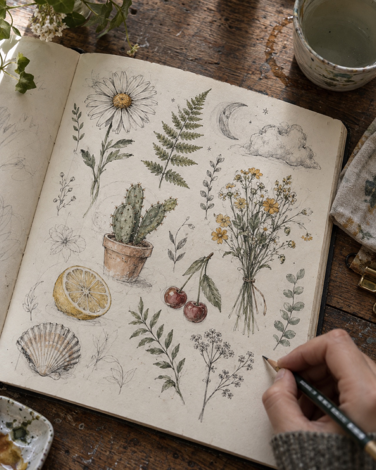 Nature and botanical doodle ideas Nature doodle ideas with a daisy, fern, cactus, lemon, cherries, shell, moon, and wildflowers | Sky Rye Design Nature doodle ideas with a daisy, fern, cactus, lemon, cherries, shell, moon, and wildflowers
