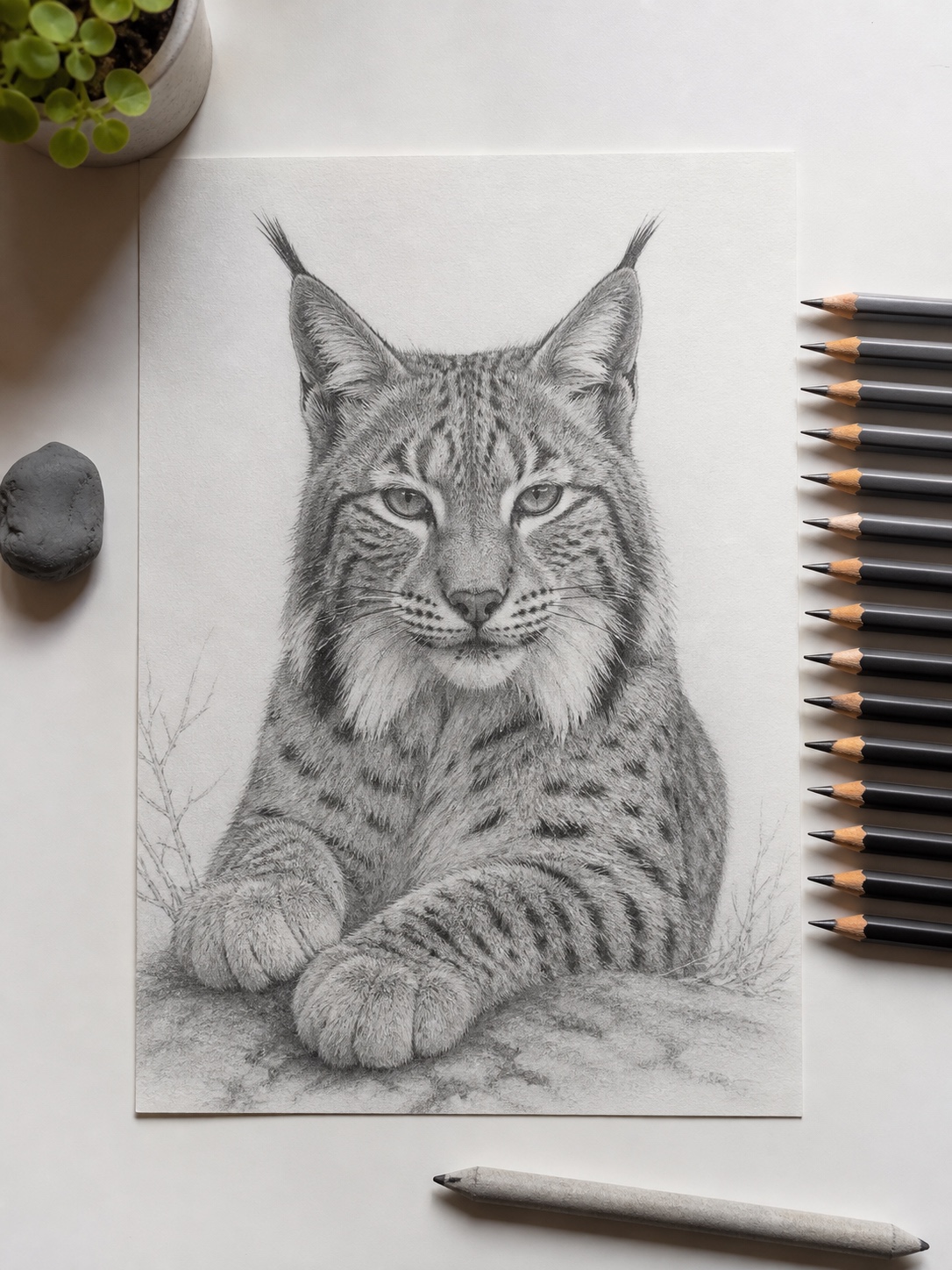 Nearly complete lynx pencil drawing on a white desk with graded pencils and a kneaded eraser.