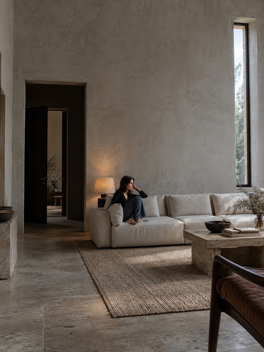 Negative space in a cinematic frame Small seated figure at the far end of a contemporary room with a tall empty wall and dark doorway. | Sky Rye Design Small seated figure at the far end of a contemporary room with a tall empty wall and dark doorway.