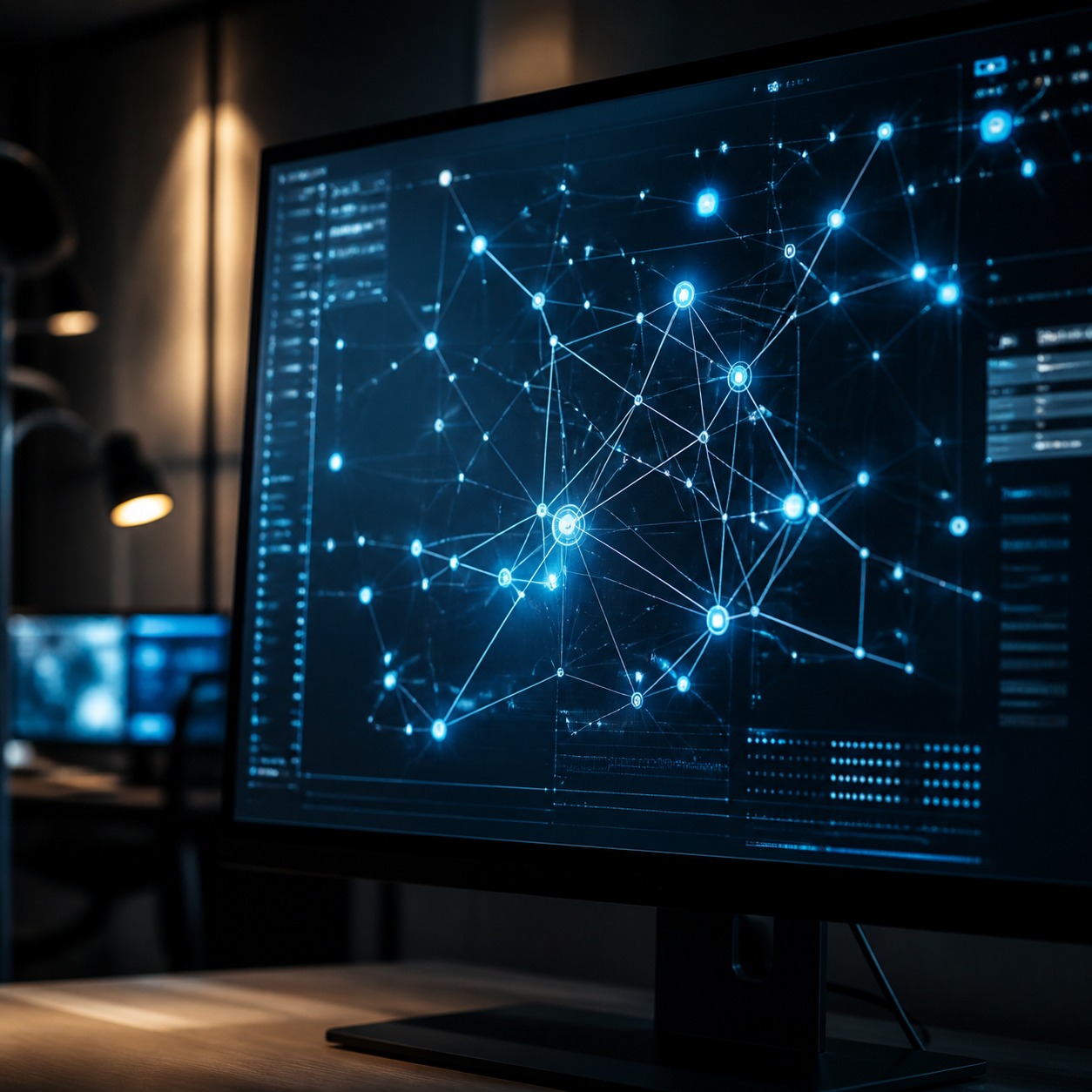 Studio monitor showing an abstract network security visualization in blue light