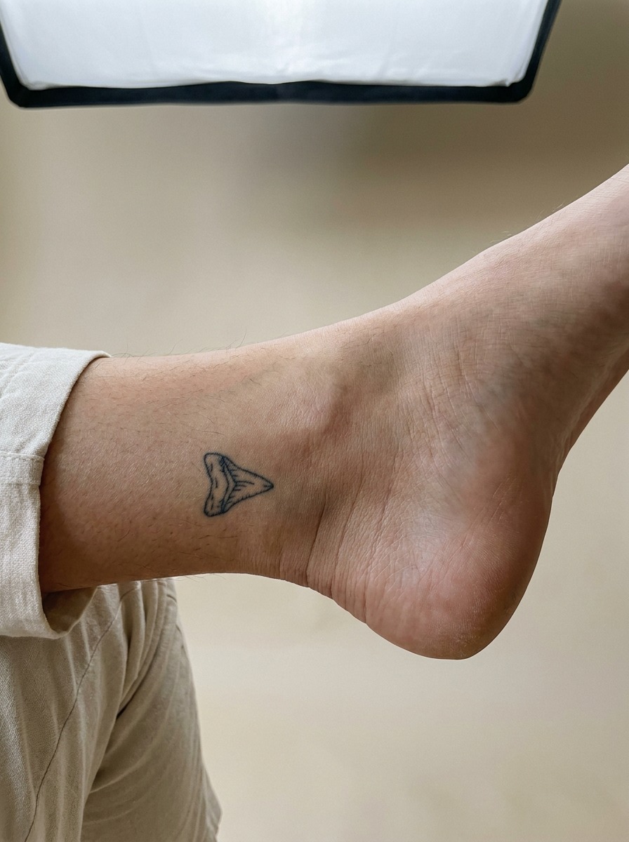 Ankle with a small fine-line niho mano shark tooth pattern tattoo.