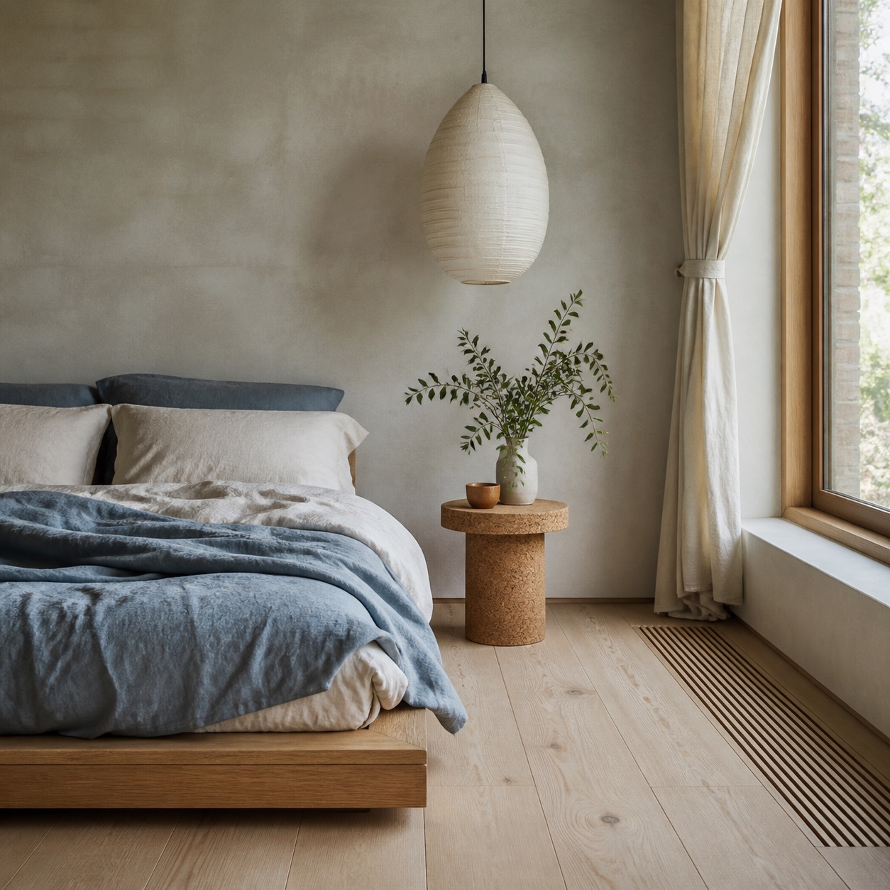 Non Toxic Bedroom Design With Natural Materials Calm bedroom with oak furniture, organic cotton bedding, limewash walls, and visible airflow planning. | Sky Rye Design Calm bedroom with oak furniture, organic cotton bedding, limewash walls, and visible airflow planning.