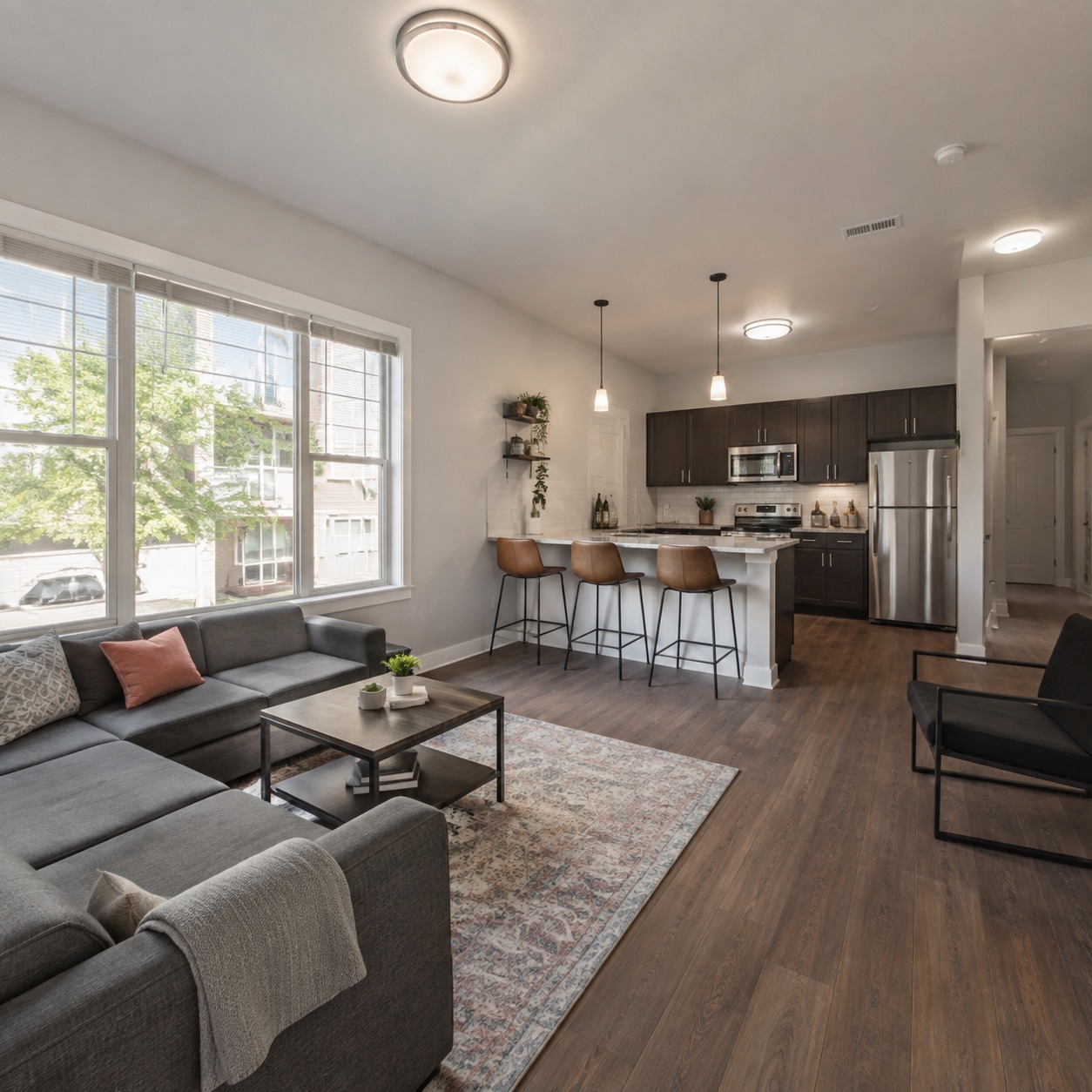 Off-campus apartment living and kitchen zoning Small off-campus living and kitchen area with clear zoning and open paths. | Sky Rye Design Small off-campus living and kitchen area with clear zoning and open paths.