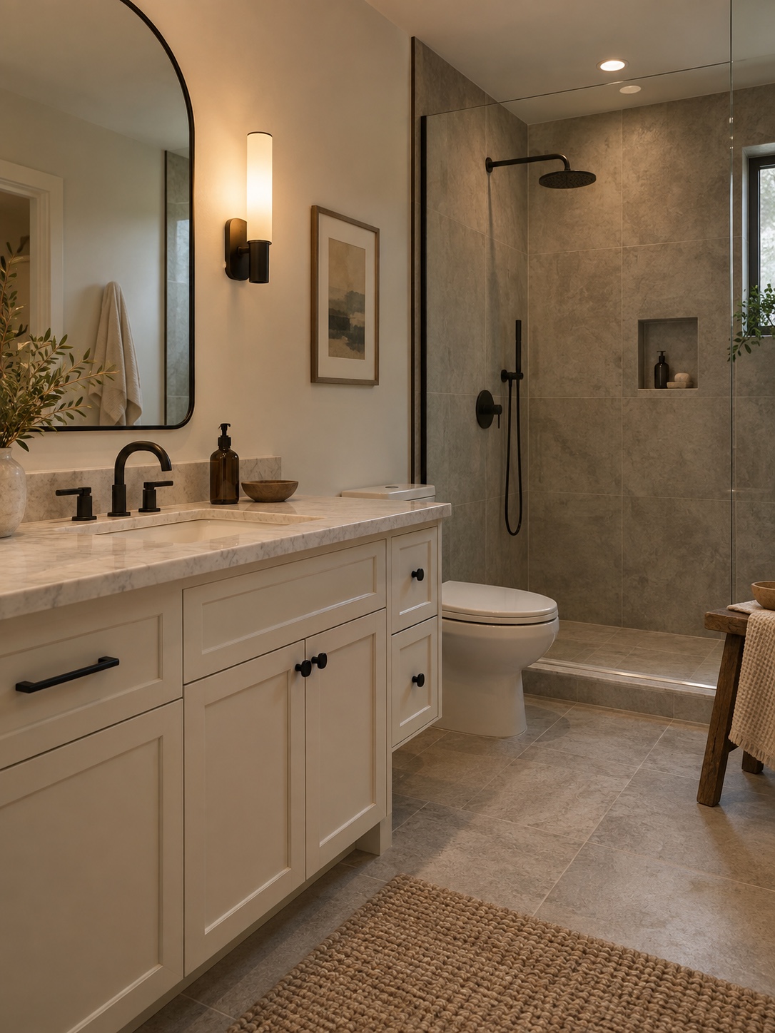 Off-white bathroom vanity Off-white painted vanity with black fixtures and neutral tile | Sky Rye Design Off-white painted vanity with black fixtures and neutral tile