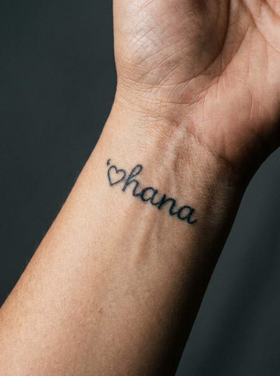 Inner wrist tattoo where the first letter of ohana is replaced by a small heart outline.