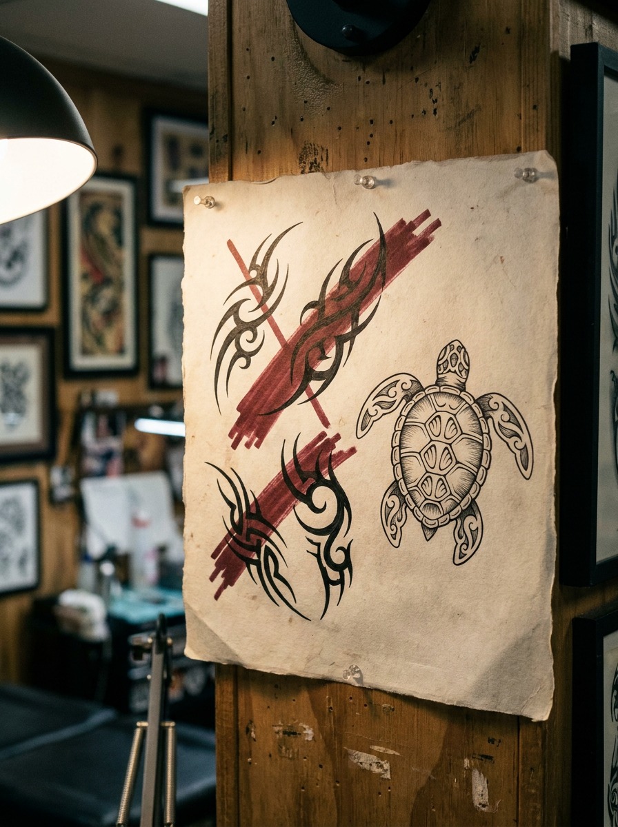 Studio flash sheet comparing crossed-out tribal filler with a clean honu tattoo design.