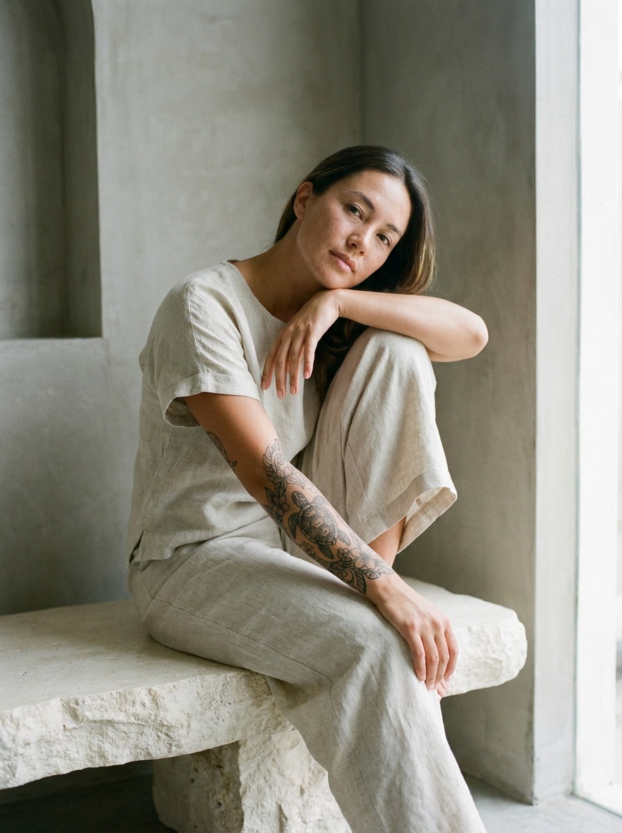 Editorial scene of a seated model showing an ohana and honu forearm tattoo.