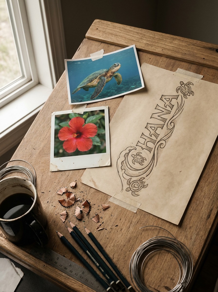 Studio worktable with an ohana sketch beside honu and hibiscus reference images.