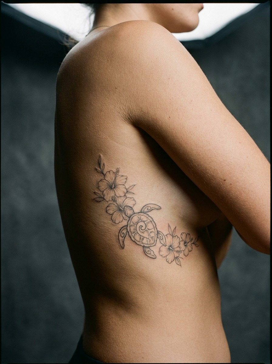 Profile view of a larger ribcage tattoo combining ohana, honu, and hibiscus linework.