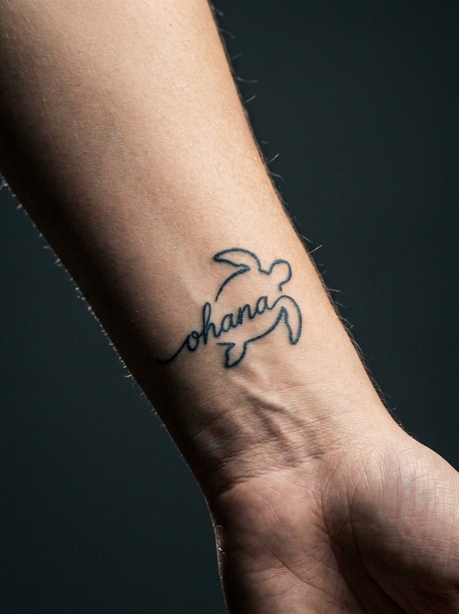 Close inner wrist with fine-line ohana script worked into a honu sea turtle tattoo.