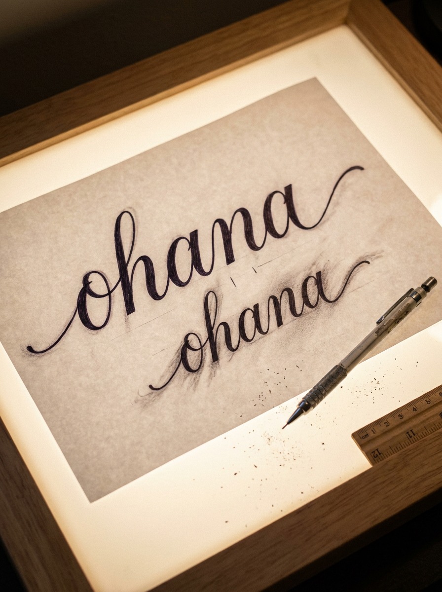 Tattoo stencil sheet comparing two scales of cursive ohana lettering.