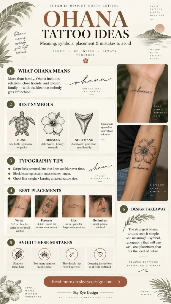 ec2de985-3ae3-473c-9d75-04114441da99 Infographic titled Ohana Tattoo Ideas: meaning, symbols, typography tips, placements, and design takeaways. | Sky Rye Design Guide to Ohana tattoo ideas covering Hawaiian symbols, typography tips, placement options, and design mistakes to avoid
