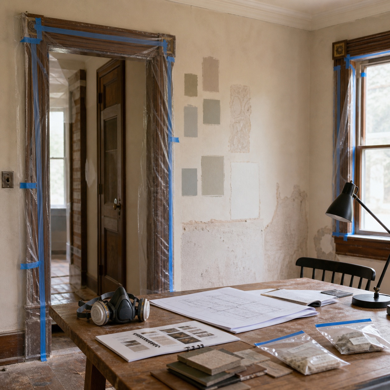 Old Home Renovation Safety Planning Refined old home renovation scene with protected trim, material samples, and safety planning tools. | Sky Rye Design Refined old home renovation scene with protected trim, material samples, and safety planning tools.
