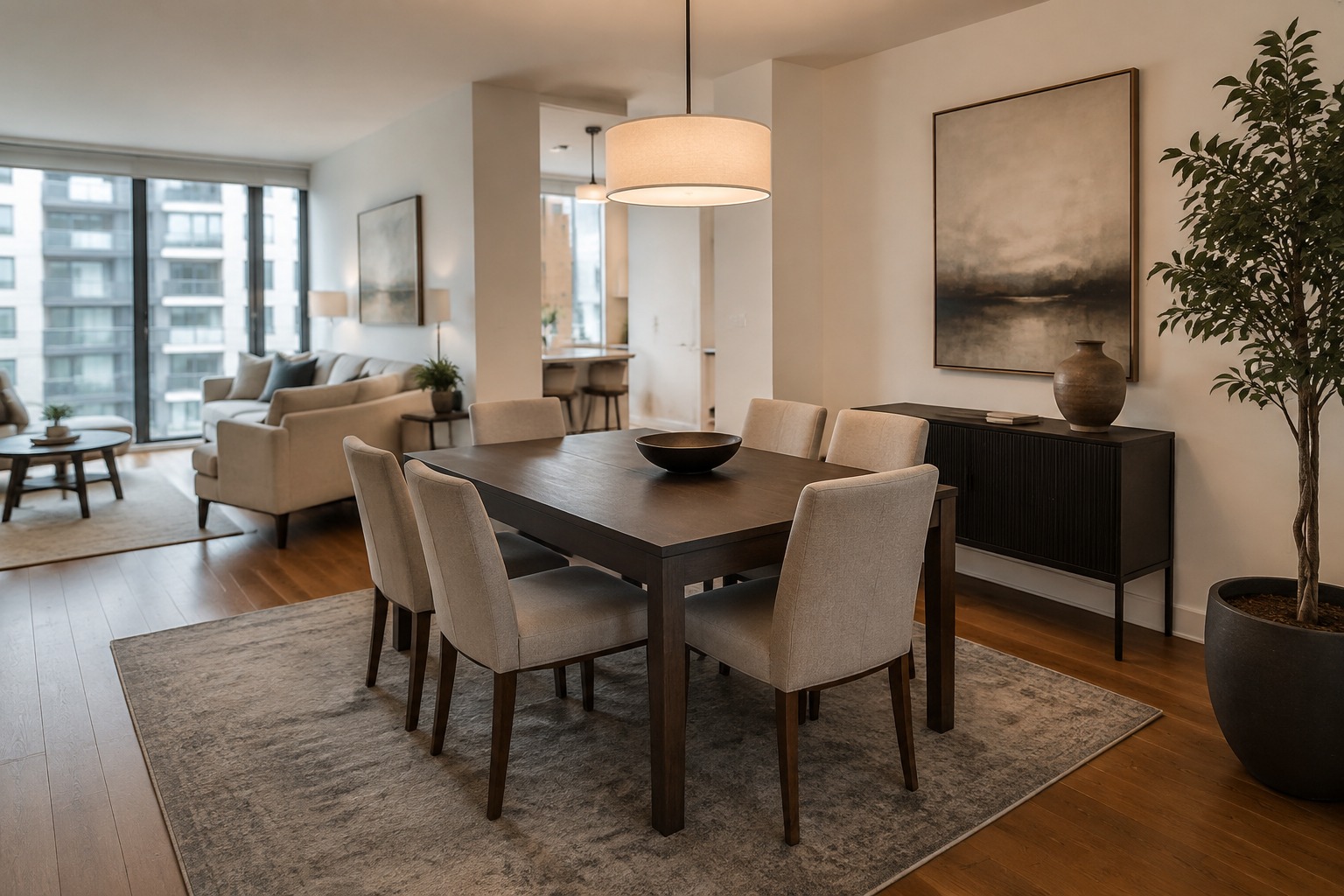 Open Plan Apartment Dining Zone Modern apartment dining area defining a zone within an open-plan layout | Sky Rye Design Modern apartment dining area defining a zone within an open-plan layout