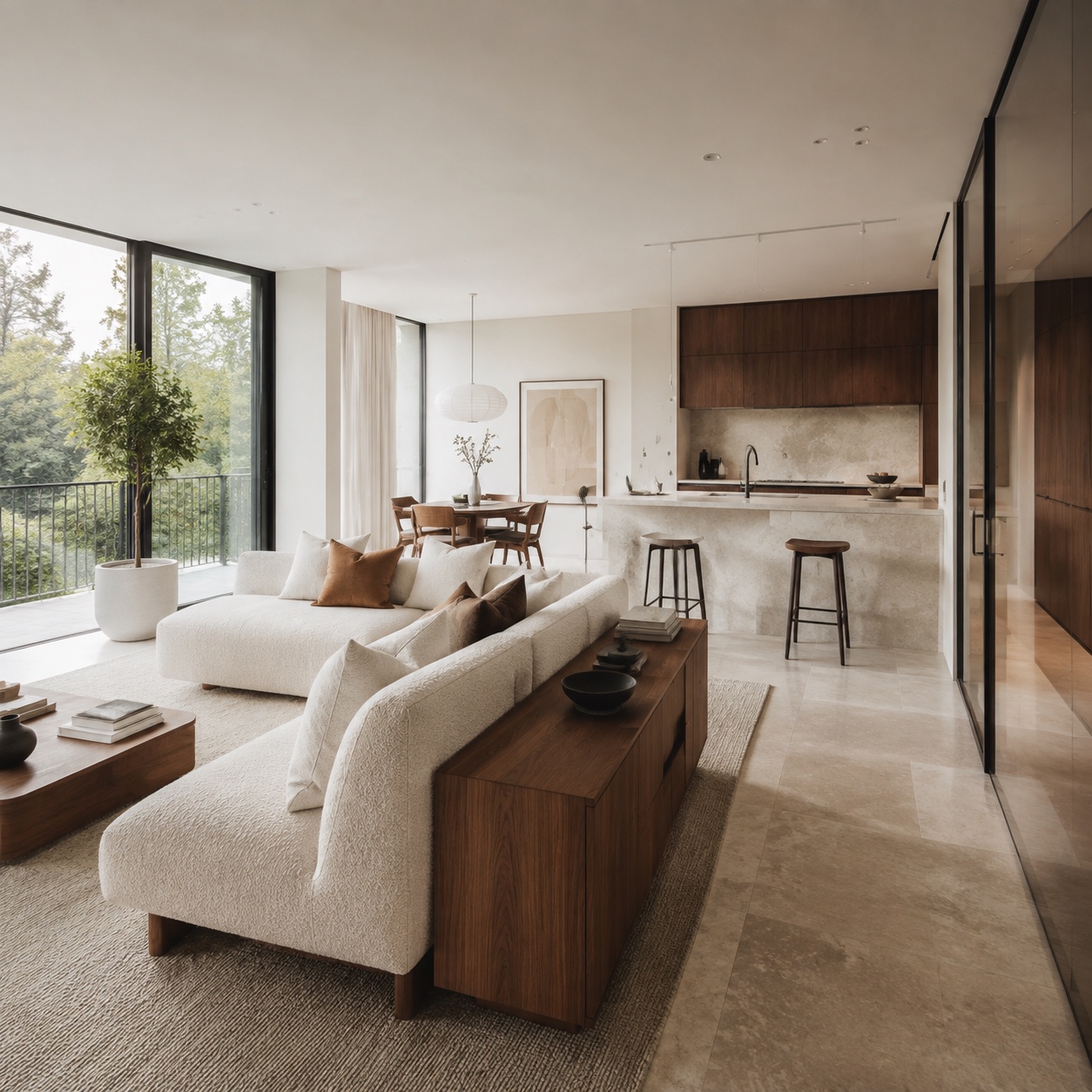 Open-plan apartment furniture balance Balanced open-plan apartment with a floating sofa, slim console, pale kitchen island, and a low wool rug defining the seating area. | Sky Rye Design Balanced open-plan apartment with a floating sofa, slim console, pale kitchen island, and a low wool rug defining the seating area.